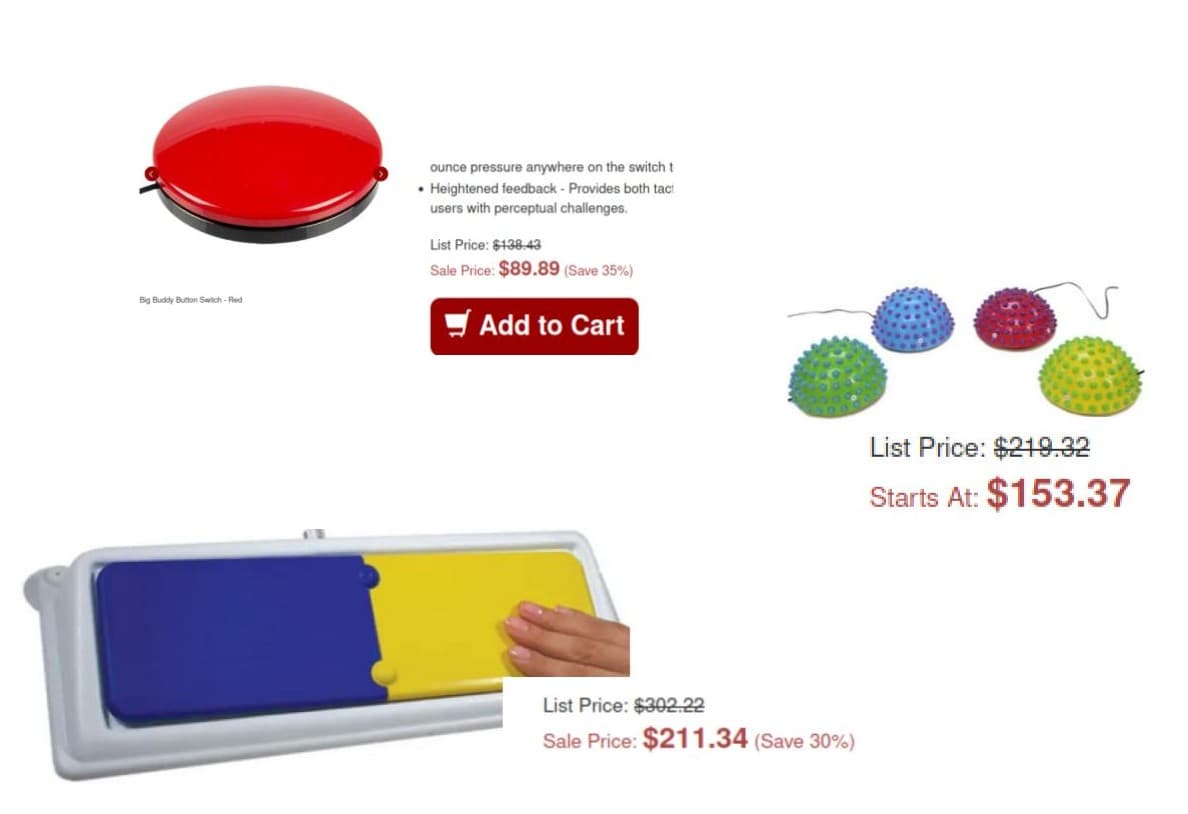 A collage of various assistive switches and devices for accessibility: a large red button switch labeled 'Big Buddy Button Switch,' a rectangular blue and yellow switch with a hand interacting with it, and four spiky half-dome switches in various colors (red, blue, green, yellow). Each device is accompanied by pricing information and a 'Sale Price' banner.