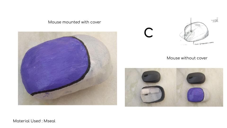 A prototype showing a computer mouse mounted with a cover made from M-seal material. The image includes a close-up of the mouse with a purple and silver cover and additional photos displaying the mouse without the cover. A sketch labeled 'C' is shown in the top right corner, indicating the conceptual design for a soft and ergonomic form.