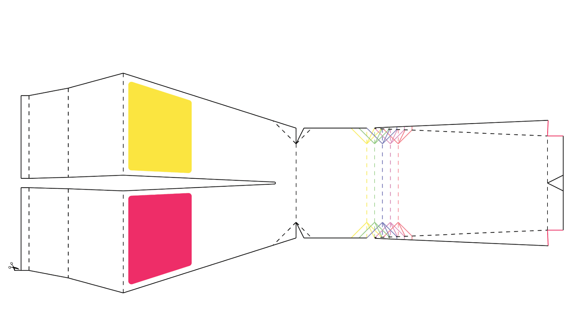 An outline of a die-cut template design for the switch. The design includes dashed lines indicating fold areas and colorful accents: a yellow rectangle on the top left section and a pink rectangle on the bottom left section. The right side of the template features overlapping colored lines, possibly marking assembly or folding instructions. Scissor icons on the bottom left indicate a cut line.