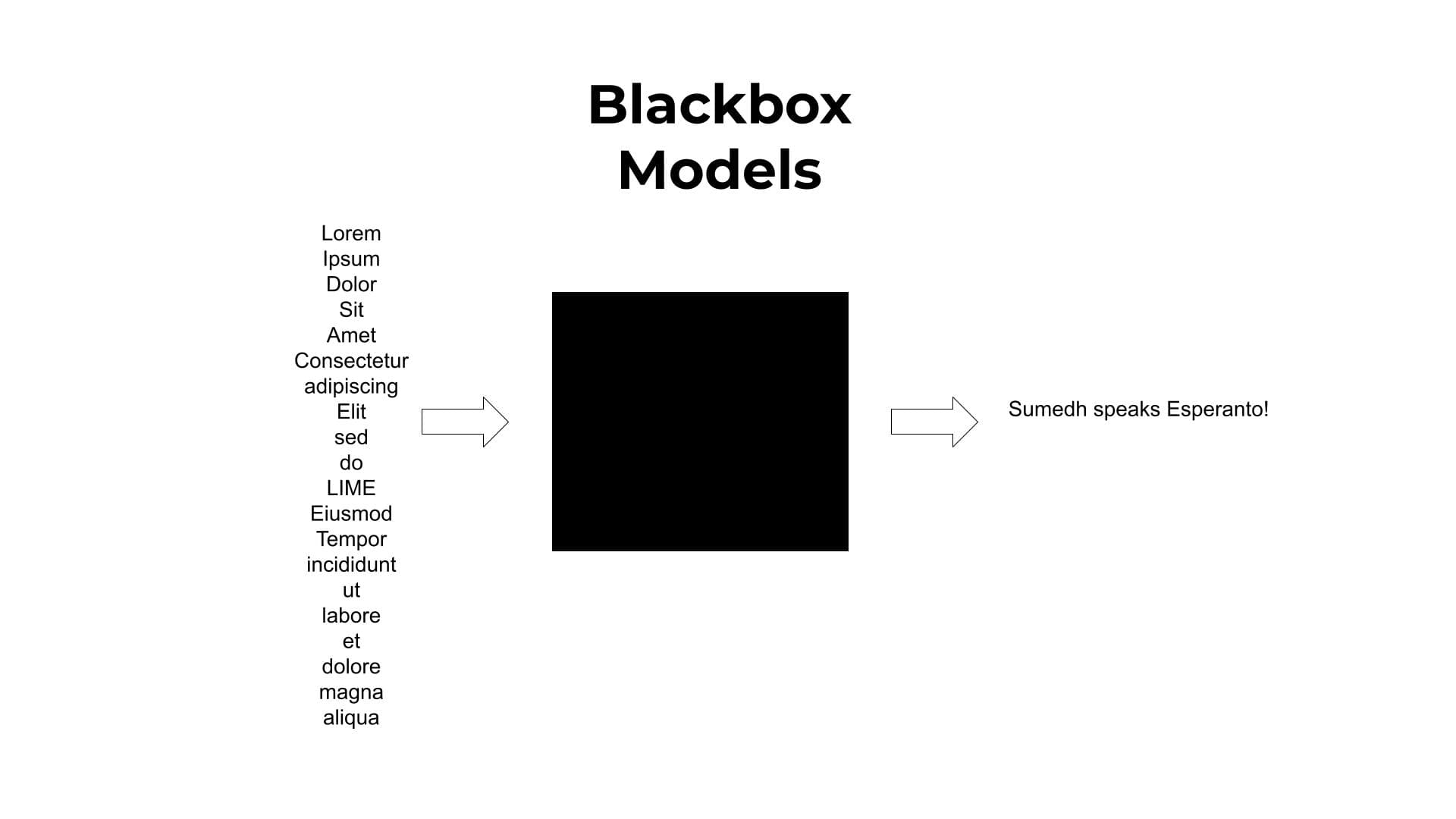 A diagram titled 'Blackbox Models' featuring a large black square in the center labeled as a 'black box.' On the left, there is text reading 'Lorem Ipsum Dolor Sit Amet Consectetur adipiscing Elit sed do LIME Eiusmod Tempor incididunt ut labore et dolore magna aliqua,' with an arrow pointing toward the black box. On the right, another arrow exits the black box with text reading 'Sumedh speaks Esperanto!'