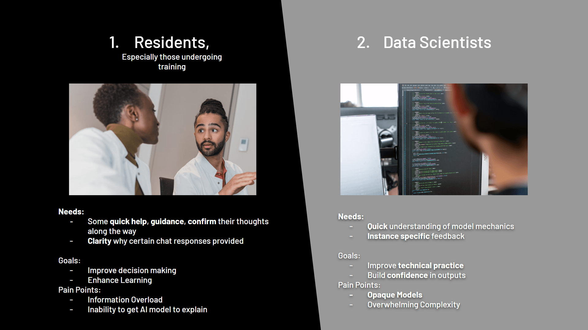A split-screen graphic highlighting two user personas. On the left, labeled '1. Residents, Especially those undergoing training,' a photo shows a medical professional listening attentively to another colleague. Below, bullet points outline their needs ('quick help, guidance, confirm their thoughts,' 'clarity on chat responses'), goals ('improve decision-making,' 'enhance learning'), and pain points ('information overload,' 'inability to get AI model to explain'). On the right, labeled '2. Data Scientists,' a photo shows a computer screen with code and a person observing it. Below, bullet points outline their needs ('quick understanding of model mechanics,' 'instance-specific feedback'), goals ('improve technical practice,' 'build confidence in outputs'), and pain points ('opaque models,' 'overwhelming complexity').  
