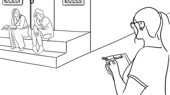A line drawing showing a researcher taking notes while observing two women sitting on a doorstep in conversation. The setting appears to be a modest urban area.