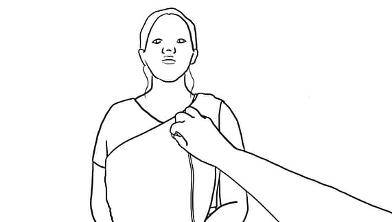 A line drawing of a woman standing while a hand reaches toward her, suggesting an interaction, possibly related to medical care or an examination.