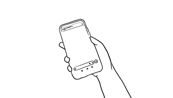A line drawing of a hand holding a smartphone with an empty screen, ready for input or interaction.