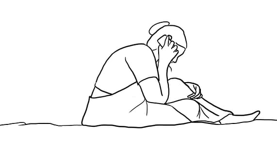 A line drawing of a woman sitting on the ground with her head resting in one hand, appearing distressed or deep in thought.