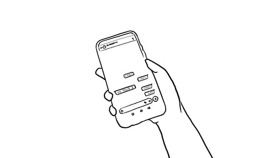A line drawing of a hand holding a smartphone displaying a conversation or messages on the screen, indicating interaction.