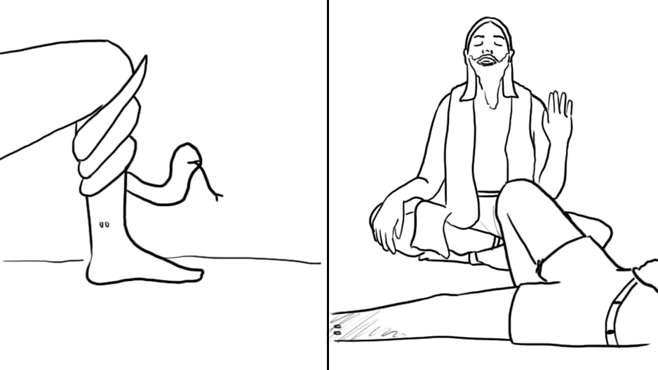 A two-panel black-and-white illustration. The left panel shows a snake coiled around a person's leg, appearing to have bitten them. The right panel depicts a calm individual, possibly a healer or guru, sitting cross-legged with one hand raised, seemingly providing guidance or treatment. Another person lies on the ground in front of the healer, possibly the snakebite victim, shown in a reclined position.
