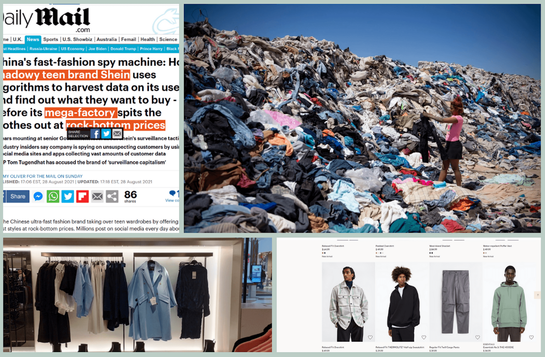 A collage depicting the environmental and social impacts of fast fashion. The top-left shows a screenshot of a Daily Mail article headline about Shein's fast-fashion practices, emphasizing its use of algorithms to harvest user data and produce low-cost clothing. The top-right displays a massive landfill of discarded clothing, with a woman inspecting garments amidst the pile. The bottom-left showcases a brightly lit retail display with neatly arranged clothing, emphasizing the allure of fast fashion. The bottom-right features an online shopping interface, displaying models wearing trendy, affordable outfits.