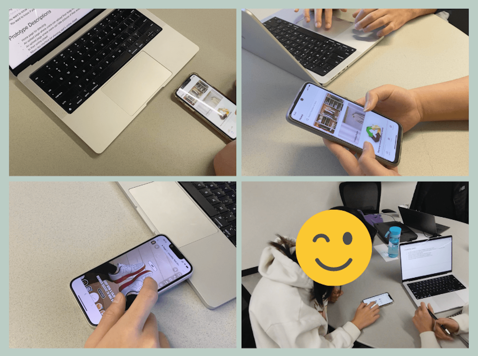 Hand-drawn storyboards depicting a customer's experience with online shopping. The panels show scenarios like receiving and trying clothes, returning unsuitable items, and managing the wardrobe through a mobile app. Annotations provide explanations of the depicted actions and processes.