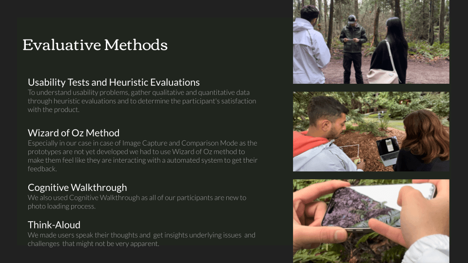 Image titled 'Evaluative Methods' presenting four usability testing approaches: Usability Tests and Heuristic Evaluations, Wizard of Oz Method, Cognitive Walkthrough, and Think-Aloud. Text descriptions accompany three photos: a group discussion in a forest, a person showing a laptop screen outdoors, and hands holding a smartphone capturing an image of a plant.