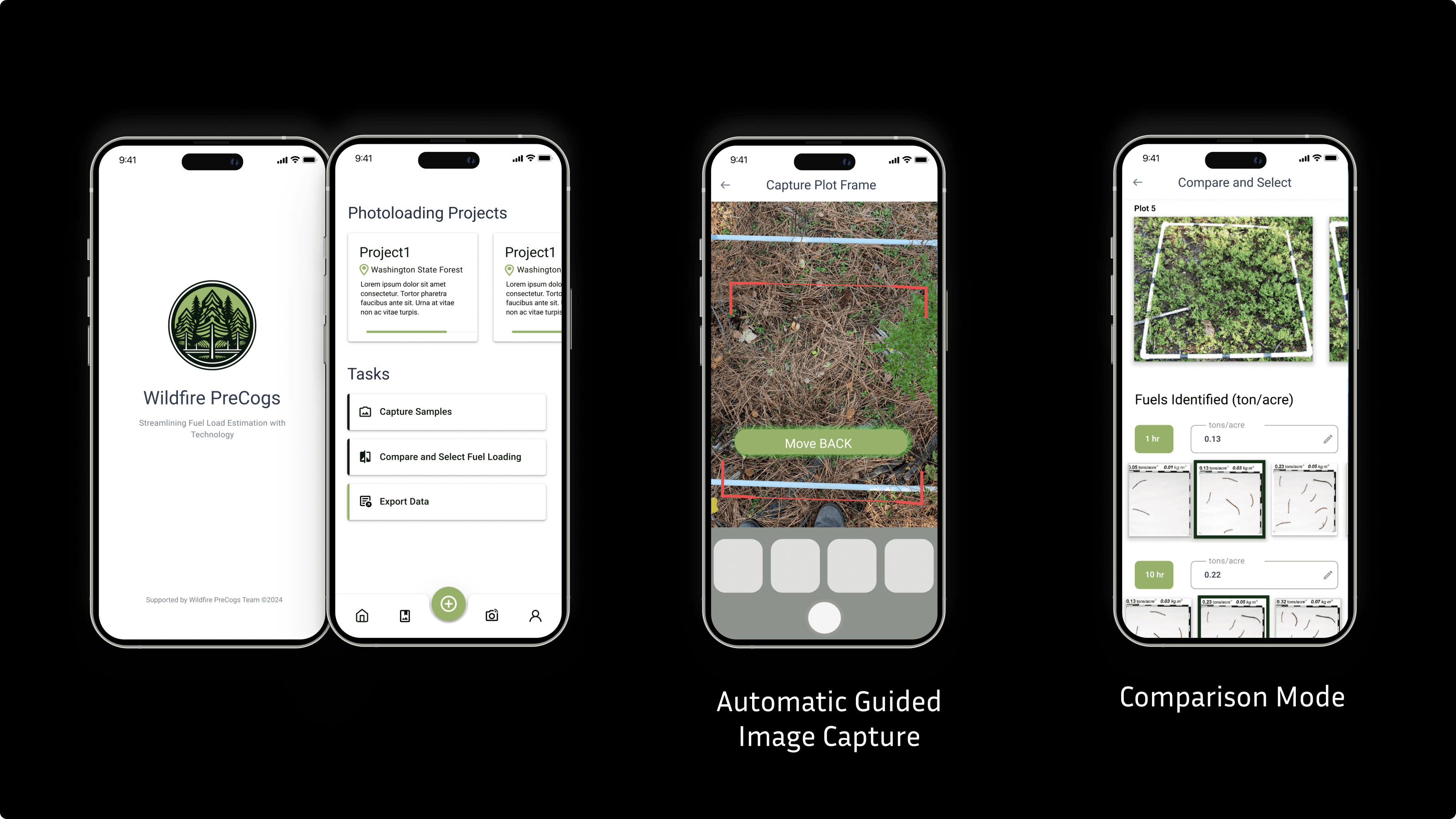 Four mobile app interface screens of Wildfire PreCogs, demonstrating its functionalities. The first screen shows the app logo and tagline, the second displays a project dashboard with tasks like capturing samples, comparing fuel loads, and exporting data. The third screen features a guided image capture tool with red framing instructions, and the fourth shows a comparison mode displaying identified fuel loads in tons per acre alongside image thumbnails of different plots.