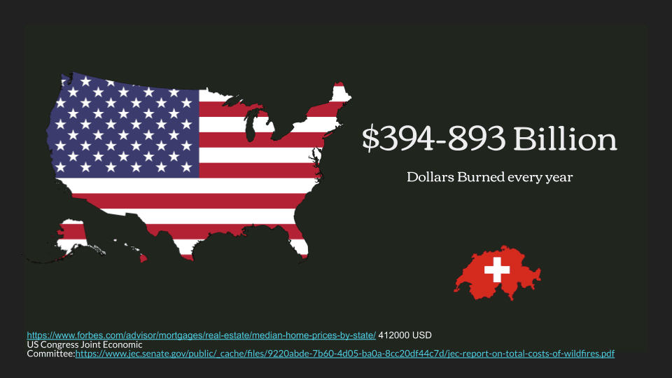 Wildfires costing the US Govt 400-900 billion dollars, as much as the Swiss GDP.